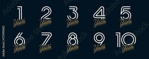Set of vector logo designs for 1st to 10th anniversary, in gold color for celebrations, weddings and birthday