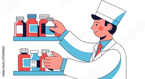 A Pharmacist Selecting Medications From A Shelf, Healthcare And Pharmacy Concept