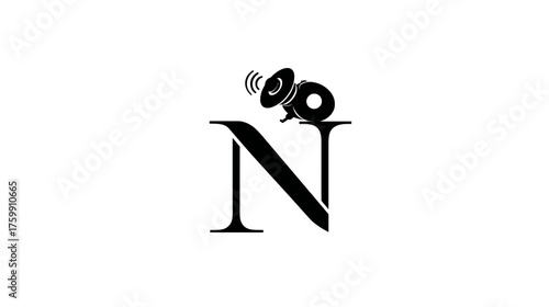 Stylized capital letter N with vintage alarm bells and sound waves, a classic notification or announcement graphic icon symbol