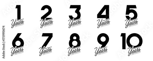 Set of vector logo designs for 1st to 10th anniversary, in black color for celebrations, weddings and birthdays