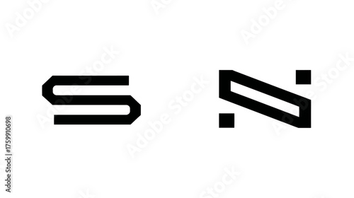 Modern abstract black geometric stylized uppercase letters S and N on white background, typography elements for graphic design
