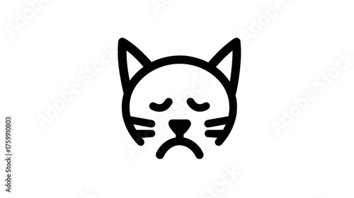 Minimalist sad cat face line icon, simple vector illustration of an unhappy kitten or pet feeling unwell, disappointed, or gloomy expression.