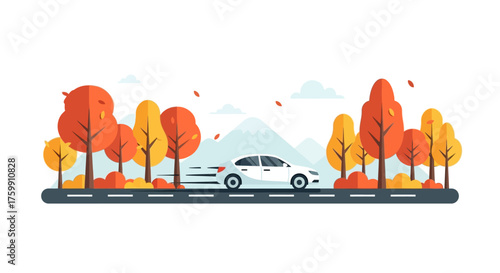 A dynamic flat design illustration of a car traveling on an autumn road surrounded by colorful trees, symbolizing the journey home for Thanksgiving. 
