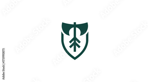 Minimalist shield icon featuring a stylized axe and tree symbol, representing forest, nature, outdoor activities, protection, and sustainability