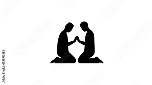 Two silhouetted figures kneeling facing each other, hands joined in prayer, devotion, meditation, or reconciliation. Spiritual graphic