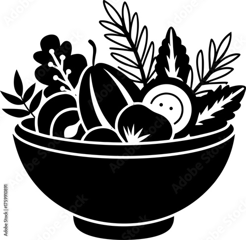 Bowl of pickles with herbs silhouette vector icon , black and white , white background