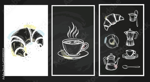 A set of three handdrawn chalk sketches featuring a croissant with watercolor accents, a steaming cup of coffee, and a breakfast set with croissant, coffee, and teapot, creating a charming and artisti