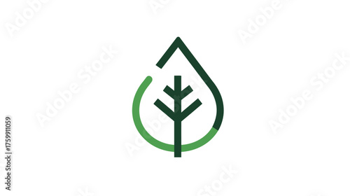 Minimalist green leaf and water drop icon representing nature, ecology, sustainability, and environmental protection vector illustration.