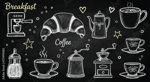 Handdrawn chalk sketch of breakfast set on a blackboard, featuring coffee machine, croissant, teapot, coffee grinder, sugar bowl, and cups, creating a cozy and inviting atmosphere for a delicious morn