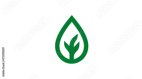 Green water drop with leaf icon on white background, symbolizing nature, eco-friendliness, organic growth, and sustainable environmental concepts.