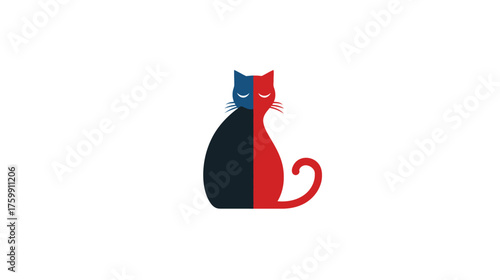 Two-tone stylized cat illustration with split red and dark blue colors, minimalist graphic design, simple feline artwork