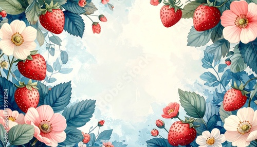 Watercolor Strawberry and Flower Border Frame Illustration.