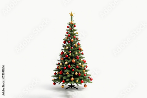 Decorated Christmas tree isolated on white background. Festive New Year tree with ornaments and lights. Transparent PNG holiday design element.