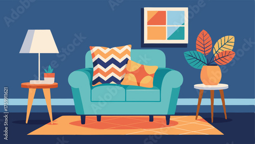 A cozy corner in a living room with a mix of patterned throw pillows a plush rug and a statement armchair in a bold print.