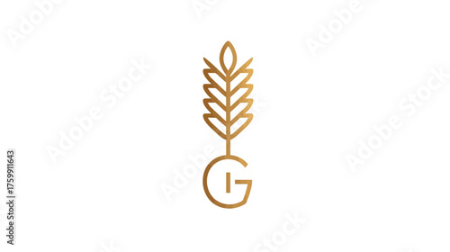 Minimalist golden wheat stalk design with elegant letter G initial, organic agriculture emblem, vector food symbol