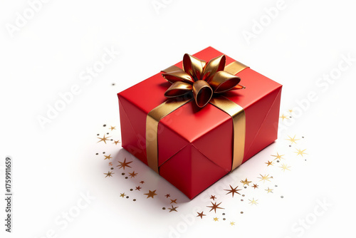 Red gift box with golden ribbon isolated on white background. Festive Christmas present PNG. New Year packaging design element.