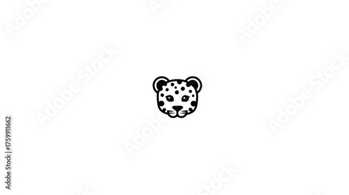Cute spotted wild cat head illustration, black and white minimal cartoon animal face icon, simple graphic design element, safari wildlife concept