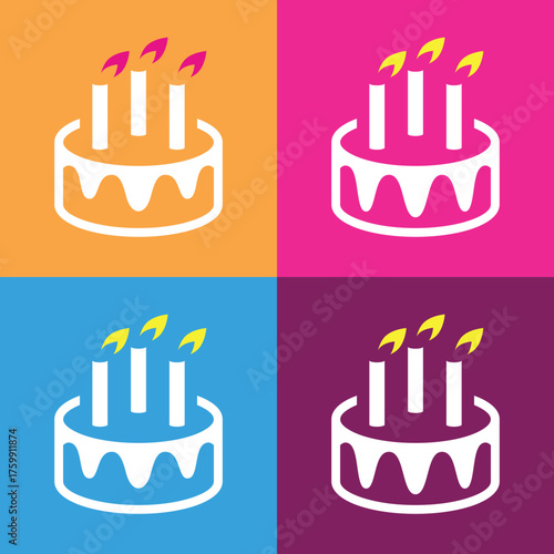 Cake icon. Symbol of the holiday, birthday. Festive cake with candles. Isolated illustration.