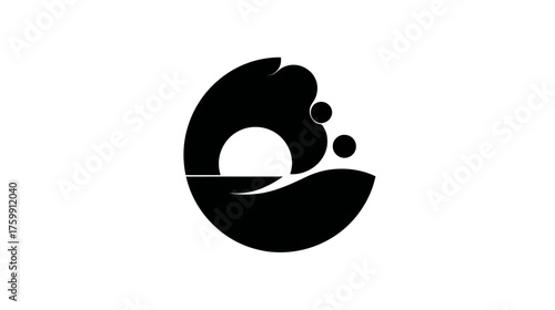 Stylized minimalist black and white ocean wave graphic with sun or moon symbol, abstract water movement design vector icon art.