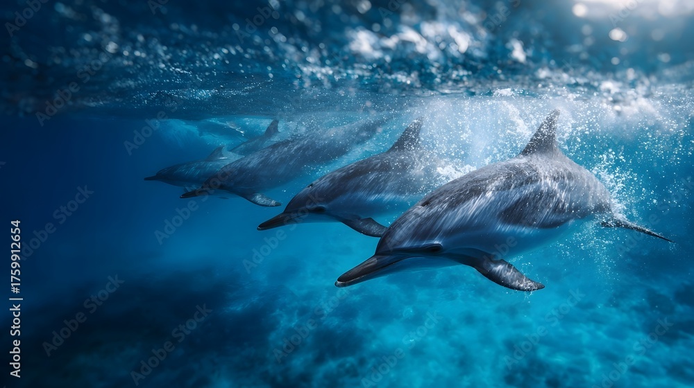 Obraz premium A pod of dolphins swims dynamically through clear sunlit blue ocean waters near the aquatic surface showcasing natural grace