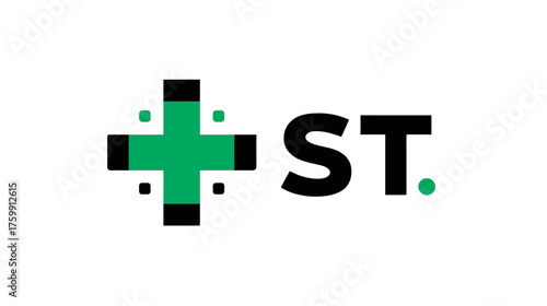 Modern minimalist graphic design featuring a geometric green plus sign and black text on a clean white background