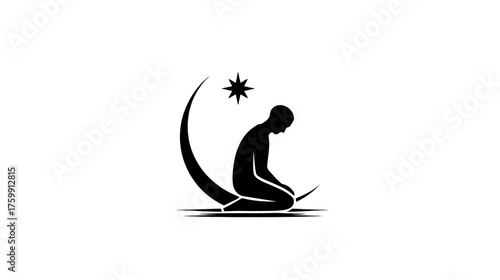 Spiritual kneeling person silhouette with crescent moon and star icon, representing prayer, contemplation, and faith