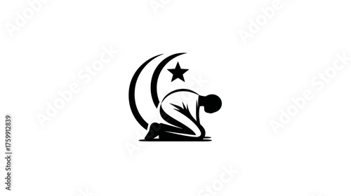 Stylized silhouette of person kneeling in Islamic prayer with crescent moon and star, symbolizing faith, devotion, and worship.