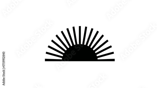 Minimalist black sun icon with radiating rays, depicting sunrise or sunset. Simple graphic symbol for morning, evening, dawn, or dusk.