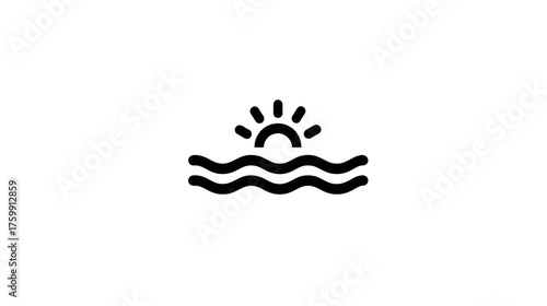 Minimalist Sun Rising Over Ocean Waves Line Art Icon. Simple Black Vector Graphic of Sunrise or Sunset over Sea.