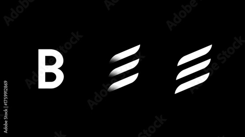 Monochromatic graphic design featuring a stylized capital letter B and two variations of abstract wavy line icons on a sleek black background, representing a modern branding concept.