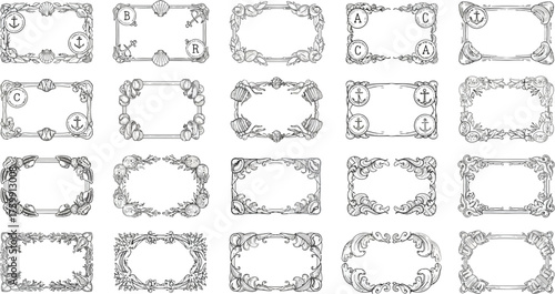 A collection of twenty decorative floral frames isolated on white background, featuring intricate botanical designs, perfect for adding an elegant touch to invitations, cards, and various creative pro