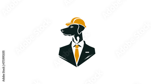 Clever dog wearing a hard hat and business suit, symbolizing engineering expertise, safety, and professionalism. Animal corporate mascot.