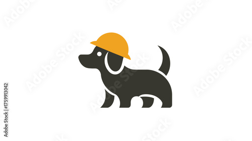 Cute black dog wearing an orange hard hat illustration. Adorable pet in construction safety helmet icon for building or handyman services concept.