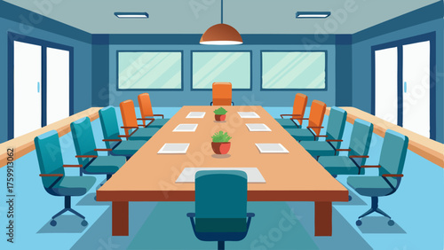 A conference room with large tables and comfortable chairs ideal for meetings and presentations.