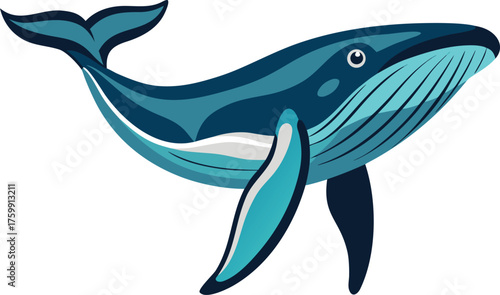 Vector art of a vibrant, cartoonstyle illustration of a large blue whale swimming in a white void