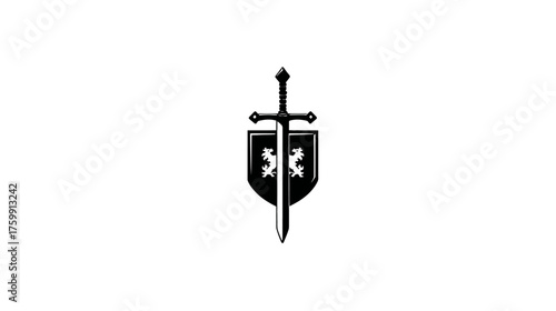 Generic heraldic crest with a knight's sword and shield, symbolizing protection, power, honor, and defense in monochrome.