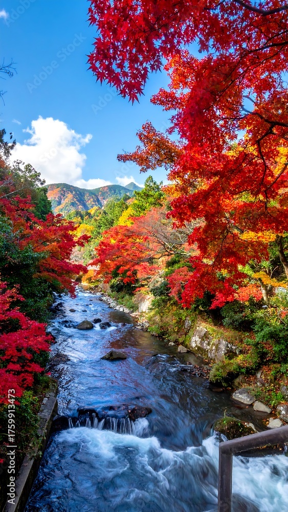 Fototapeta premium Vivid vertical shot of a river winding through a vibrant forest in autumn, with bright red and orange foliage