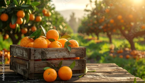 Wooden Crate of Fresh Oranges in a Sunny Orchard.