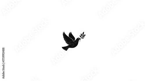 Elegant black flying dove silhouette with olive branch, a universal symbol of peace, hope, and freedom on white