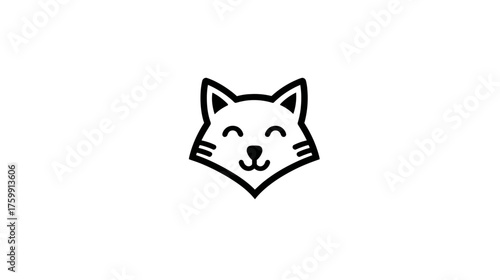 Cute smiling cat face line art icon, adorable feline head graphic illustration, minimalist black and white animal emblem
