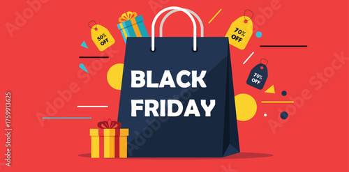 Black Friday Sale Illustration with Shopping Bag, Discount Tags, and Gift Boxes