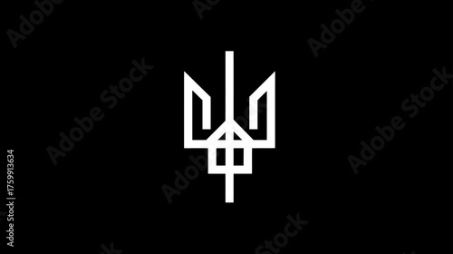 Minimalist white geometric abstract symbol on black background. Modern elegant graphic design element, crest or trident-like icon concept.