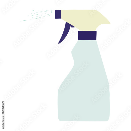 Cartoon spray bottle spraying liquid with purple accents cleaning