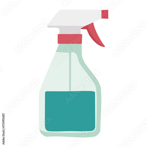 Cartoon spray bottle with red trigger and blue liquid cleaning