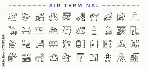 Air Terminal icon set. Isolated icons. Contain linear symbols travel, air, plane, transport. Editable stroke vector art. Flight vector icon set.