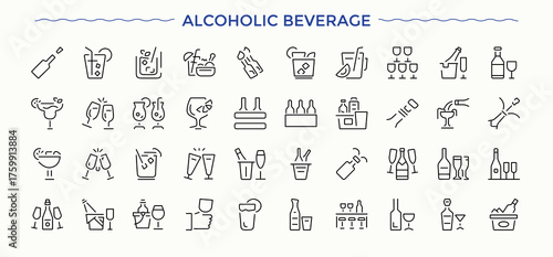 Alcoholic Beverage icon set. Includes symbols for whiskey, wine, bar, restaurant, beer, martini, champagne and more. Vector icons collection. Vector collections. Cocktail simple icon set.