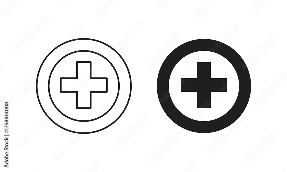 Obraz premium Minimalist blue plus symbol icons side-by-side, outlined and solid circle versions on white background, flat medical design