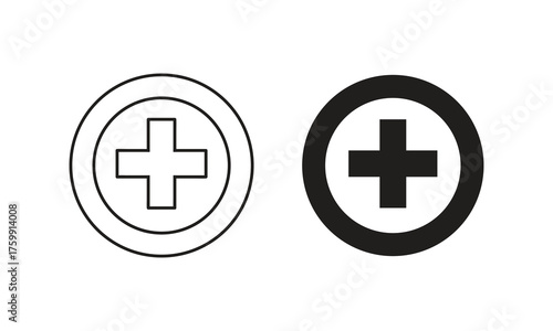 Minimalist blue plus symbol icons side-by-side, outlined and solid circle versions on white background, flat medical design