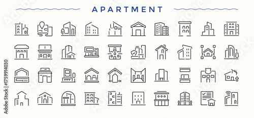 Apartment icon collection. Modern vector UI icons. Pixel perfect. Editable stroke. Real Estate icon set. Includes symbols for estate, construction, home, house, mortgage and more.