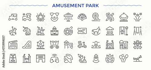 Amusement Park line icon set. Minimal icons pack. Editable stroke. Pixel Perfect. Games icon pack. Pictograms of fun, park, carnival, games, recreation and more.